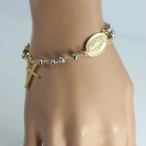 Rosary Cross Bracelet Gunmetal Crystals Large Miraculous Medallion Gold Filled Sterling Silver Women Men Custom Bracelets Rosaries Jewelry