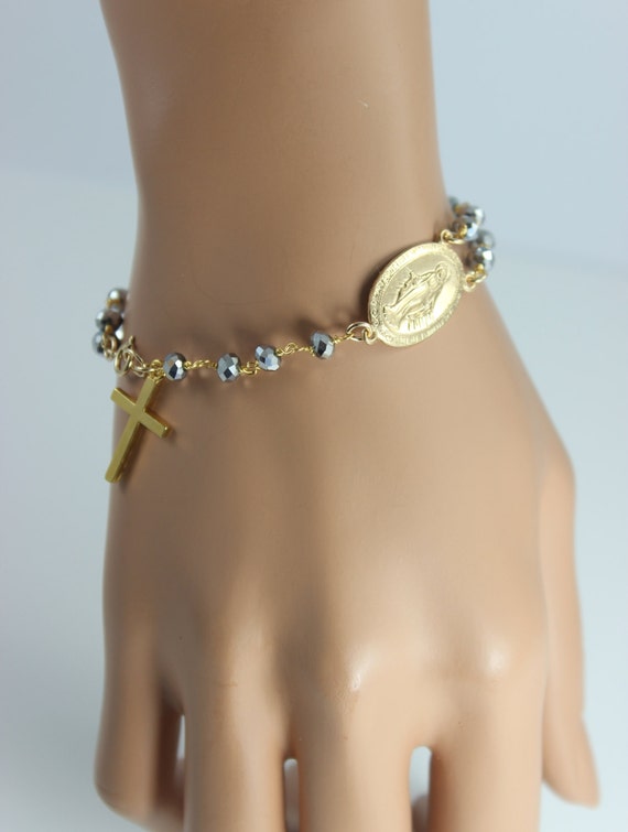 Child's Diamond-Cut Beaded Rosary Bracelet in 14K Tri-Tone Gold - 6