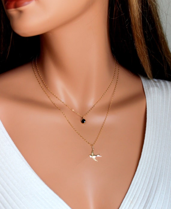 Gold Filled Layer Necklace 14kt Goldfilled Sparrow Bird Double Layer Womens Girls Minimalist Jewelry Black Crystal