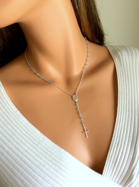 Sterling Silver Rosary Necklace Blue Topaz Gemstone Cross Necklaces Women Y style lariat custom jewelry gift for her