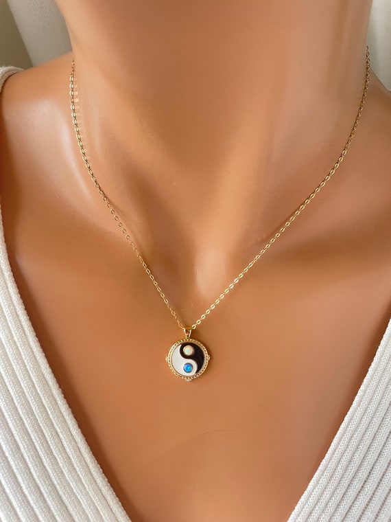 Yin and Yang Charm Necklace Women Opal Black White Gold Filled Yin Yang Necklace Yoga Buddhism Tao Jewelry Gift for her