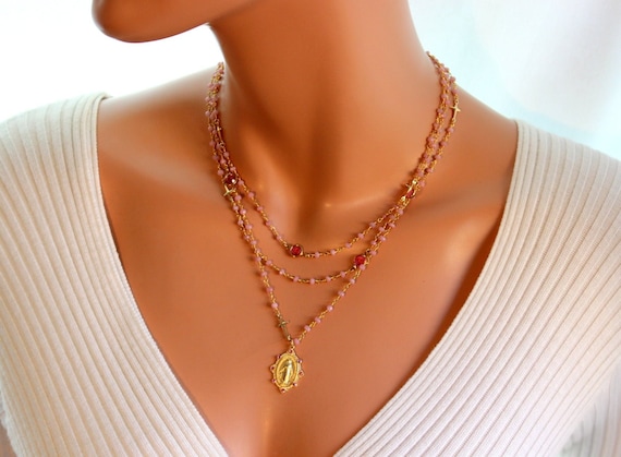 Gold Mary miraculous necklace, pink crystal beads, 14 K multi strand necklace, miraculous metal necklaces, protection Swarovski crystal