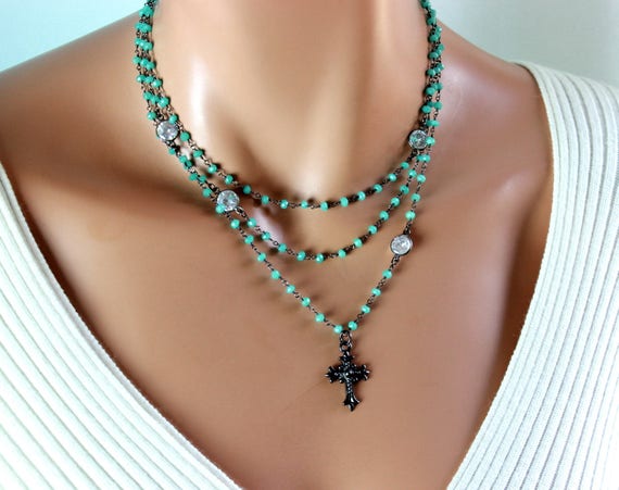 Black Rosary Necklace Gothic Multi Strand Pewter Cross Necklaces Aqua Jade Goth Oxidized Jewelry Women Edgy Gift for her Bridal weddingg
