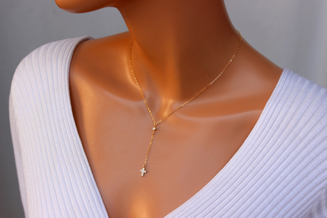 Dainty Rosary Necklace Gold Filled Tiny Small Crystal Cross Gold