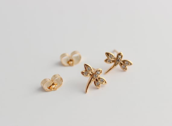 Small Dragonfly Post Stud Earrings with Clear Crystal Accents Sterling Silver Small Dragonfly Post Stud Earrings with Clear Crystal Accents Sterling Silver