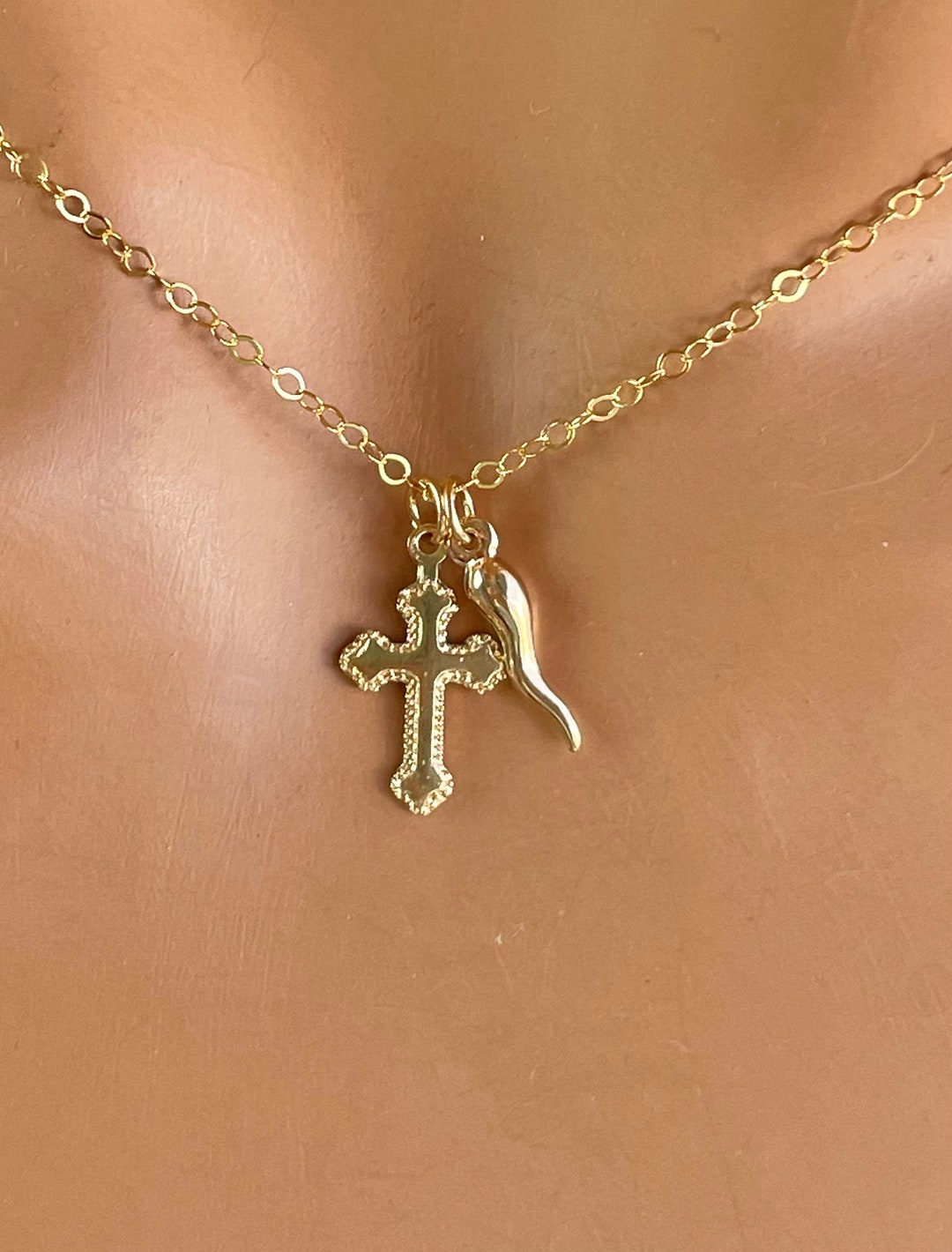 BEST SELLER Gold Italian Horn Necklace Tiny Horn Charm Cross Dainty