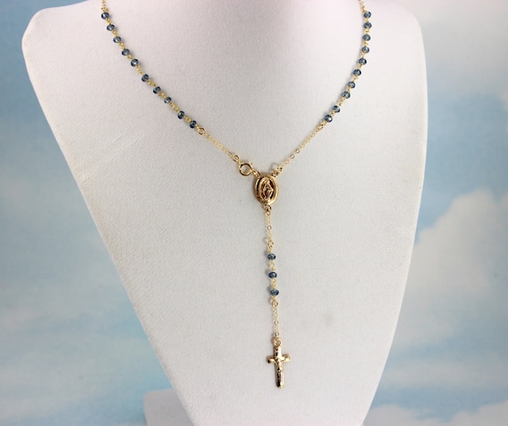 BEST SELLER Gold Rosary Necklace London Blue Jewelry Women Sterling Silver Catholic Rosaries Confirmation Gift Mary Miraculous Medal