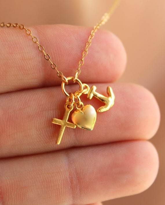Faith Hope Love Charm Necklace 14k Gold Filled Heart Anchor Cross Charms Triple Charm Necklaces Women Girls Jewelry Gift for her