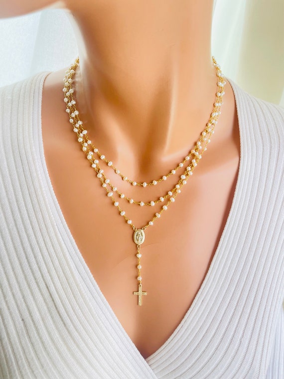 Gold rosary necklace pearl necklaces sterling silver multi strand miraculous Mary cross necklace, women bridal jewelry Catholic just for mom