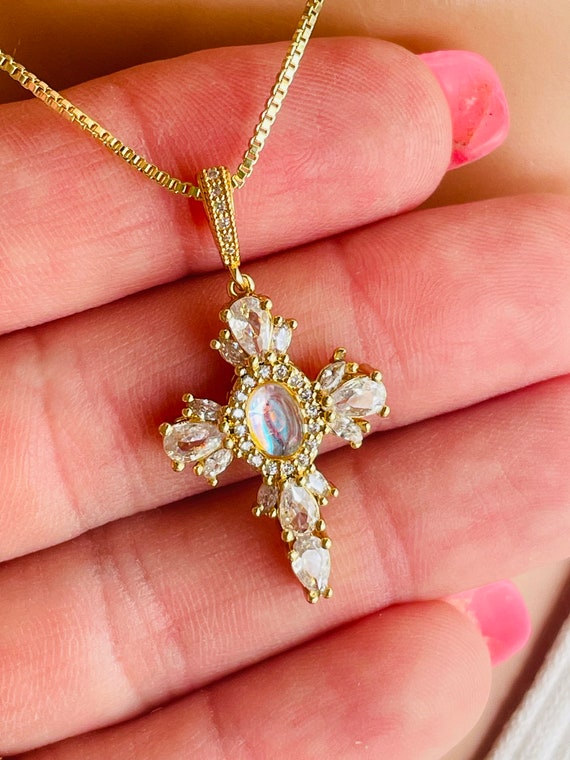 Gold cross pendant necklace CZ, crystal cross necklaces 14k gold filled box chain women medium large cross charm necklace Christian jewelry