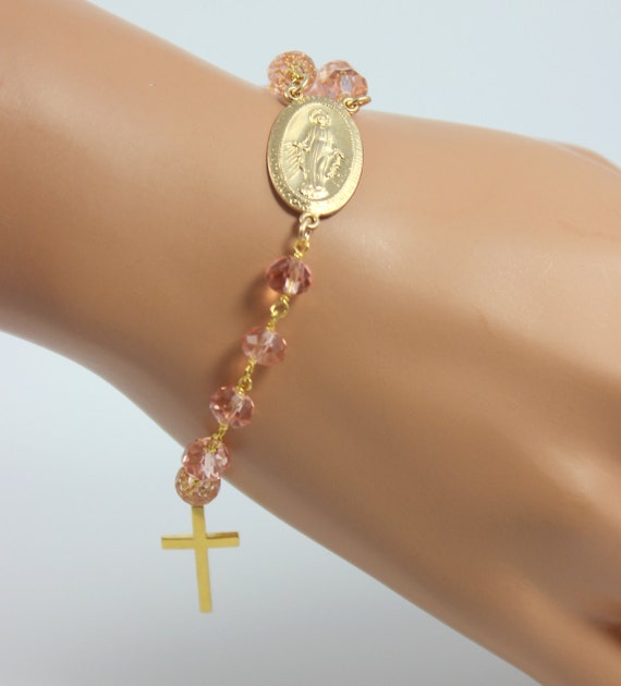 Gold Rosary Bracelet Women Morganite Crystals Pink Large Miraculous Cross Jewelry Women Custom Bracelets Confirmation Gift for mom ladies