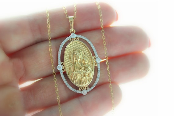 Gold Mary Mother and Child Pendant Necklace Women Two Tone Large Religious Charm Virgin Mary with Baby Jesus