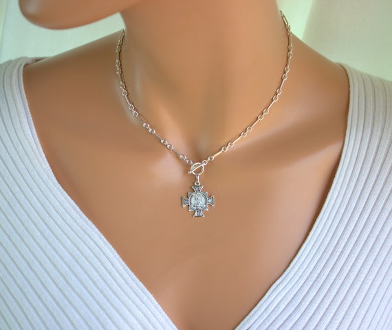 BEST SELLER Sterling Silver Saint Michael Necklace Chunky Choker Maltese Cross Thick Chain Necklaces Protection Catholic Jewelry Gift