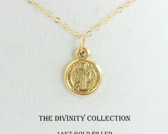 Tiny 14k Gold Filled Saint Benedict Charm Necklace: Catholic Jewelry women, girls