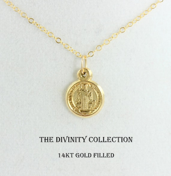 Tiny 14k Gold Filled Saint Benedict Charm Necklace Small Gold Benedict Charm Necklaces Benito Women Girls Catholic Protection Jewelry Gift