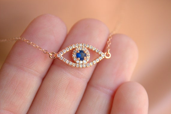 BEST SELLER Rose Gold Evil Eye Necklace Ladies Girls Sterling Silver Protection Jewelry Blue Crystal Eyes Women