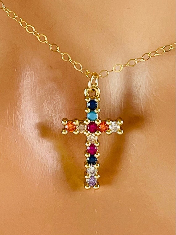 Small Colorful cross necklace dainty gold filled cross necklaces, women, girls, Christian, jewelry, gift, faith, cable chain necklaces