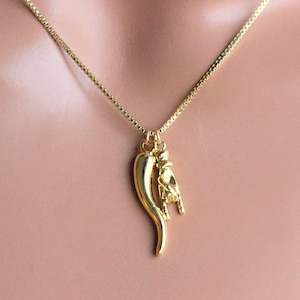 Gold Mano Cornuto Hand Horn Charm Necklace Gold Hand Women Box Chain Italian Pride Protection Double Charm READ DESCRIPTION image 3