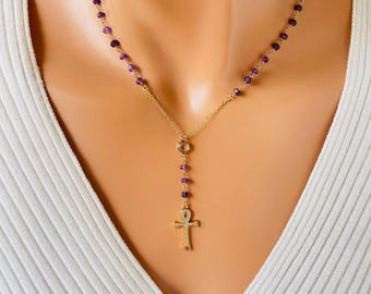 Collar Ankh de oro laminado de 14k, collares de amatista púrpura, cruz egipcia, mujer