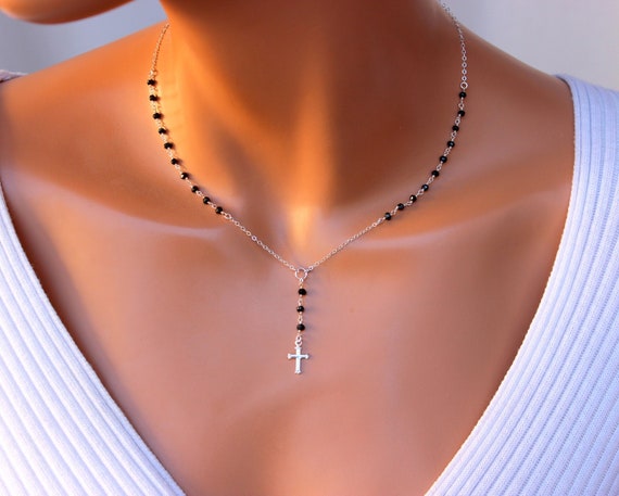 BEST SELLER Dainty Sterling Silver Rosary Necklaces Women Girls 14k Gold Filled Cross Charm Necklace Black Rosaries Gift Religious