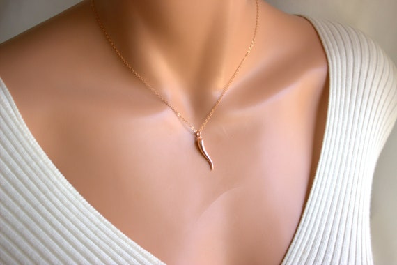 Rose Gold Italian Horn Pendant Necklace 
