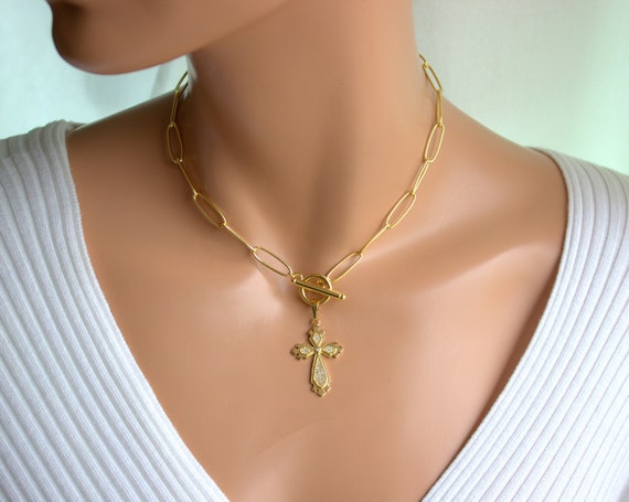 Thick gold filled cross necklace, chain choker, toggle front, cross pendant necklace, Christian jewelry, gift for mom, best seller