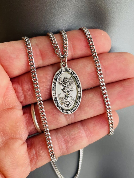 Sterling Silver Saint Michael Pendant Necklace Men Oval Michael Charm Chain Necklace Protection Mens Jewelry Medium Pendant