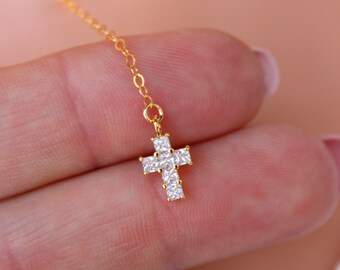 Dainty Rosary Necklace Gold Filled Tiny Small Crystal Cross Gold Rosary Minimalist Simple Necklaces Religious Beautiful Jewelry