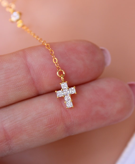 Dainty Rosary Necklace Gold Filled Tiny Small Crystal Cross Gold Rosary Minimalist Simple Necklaces Religious Beautiful Jewelry