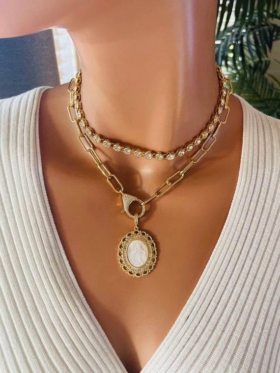 Mother of pearl Mary miraculous choker necklace 14K gold filled large miraculous pendant necklace paper clip chain choker READ DESCRIPTION