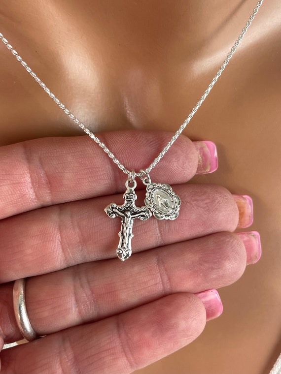 Sterling silver crucifix, miraculous double charm necklace for women, small cross Mary Charm, necklaces, gift for girls women 925 ROPE chain