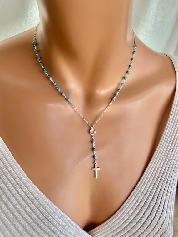 Sterling silver rosary Necklace Gold Filled Turquoise Cross Necklaces Women Jewelry High Quality Lariat Chritian Catholic Confirmation Gift