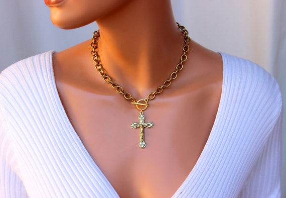 Antique Gold Crucifix Choker Necklace Women Men Large Crucifix Cross Pendant Necklaces Thick Steel Chain Large Link Catholic Jewelry Gift