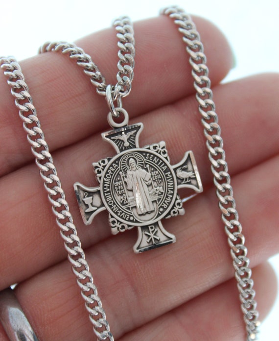 Sterling Silver Maltese Cross Necklace Men Saint Benedict Pendant