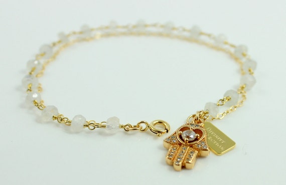 Hamsa Bracelet Gold Filled Crystal Pendant Rainbow Moonstone Chain Charm Bracelets High Quality Kabbalah Jewelry Womens Girls Gift