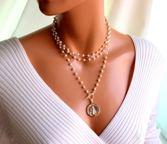 Long Pearl Necklace Gold Virgin Mary Pendant Triple Strand Pearl Choker Gold Miraculous Medal Religious Jewelry Long Pearl Necklaces Gift