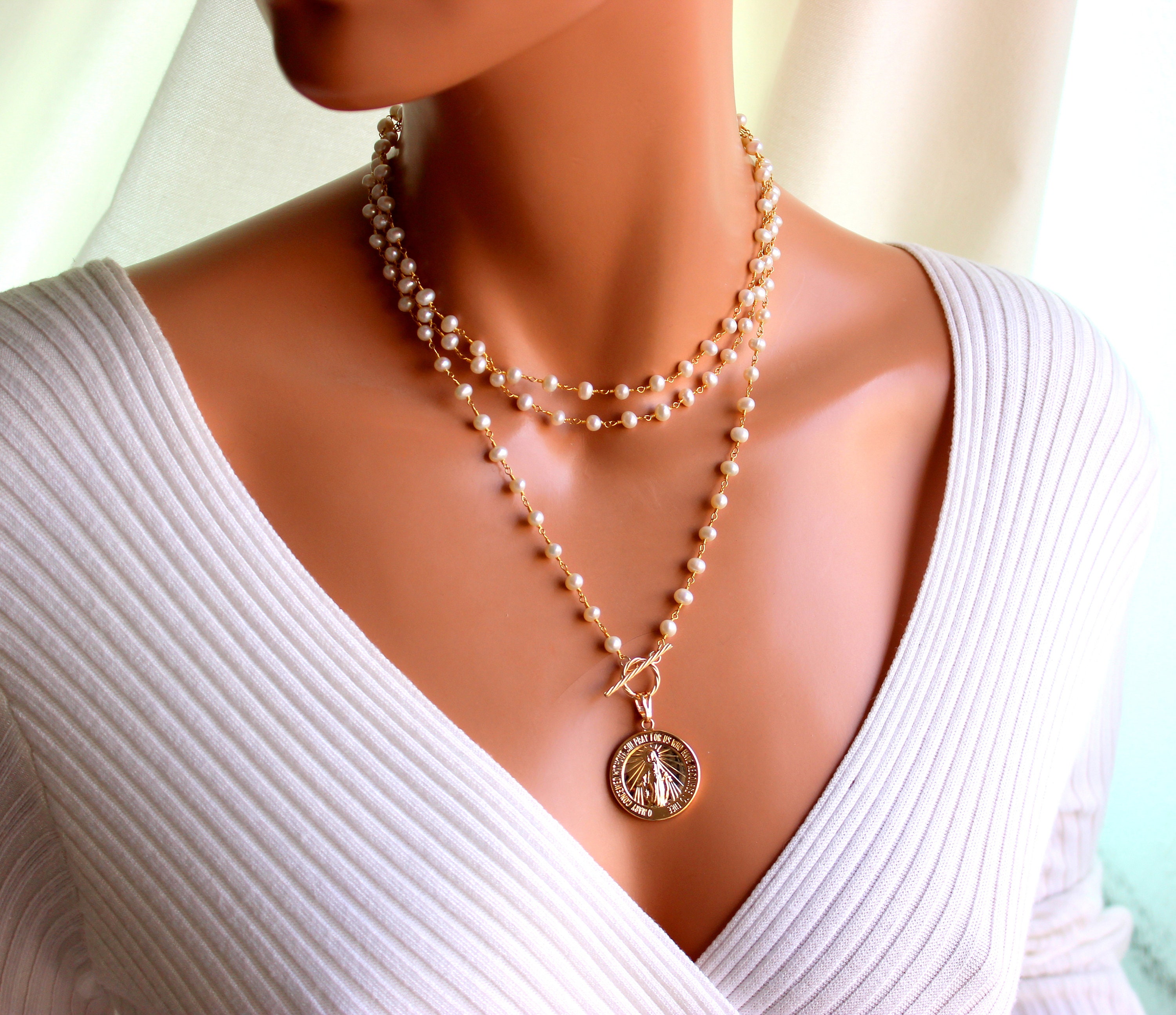 Long Pearl Necklace Gold Virgin Mary 