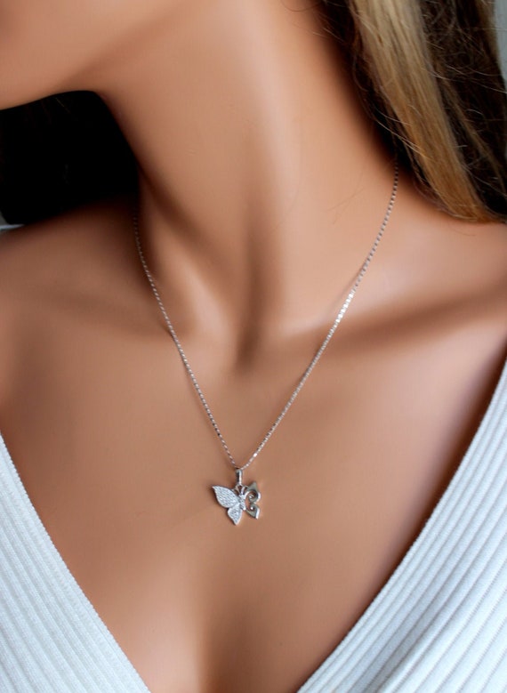 Butterfly Charm Necklace White Gold Filled Women Girls Crystal