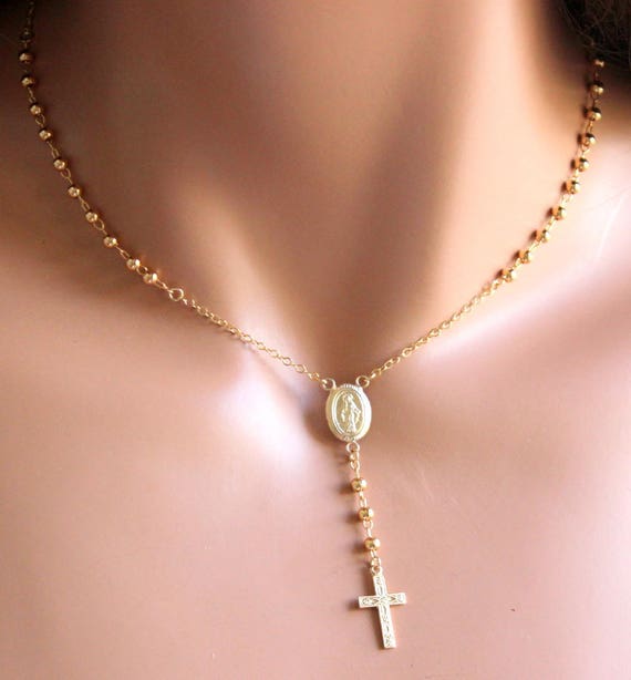 Rosary Choker Necklace Gold Filled Or Sterling Silver Adjustable Length Women Confirmation Gift Spiritual Jewelry Christian Cross Lariat