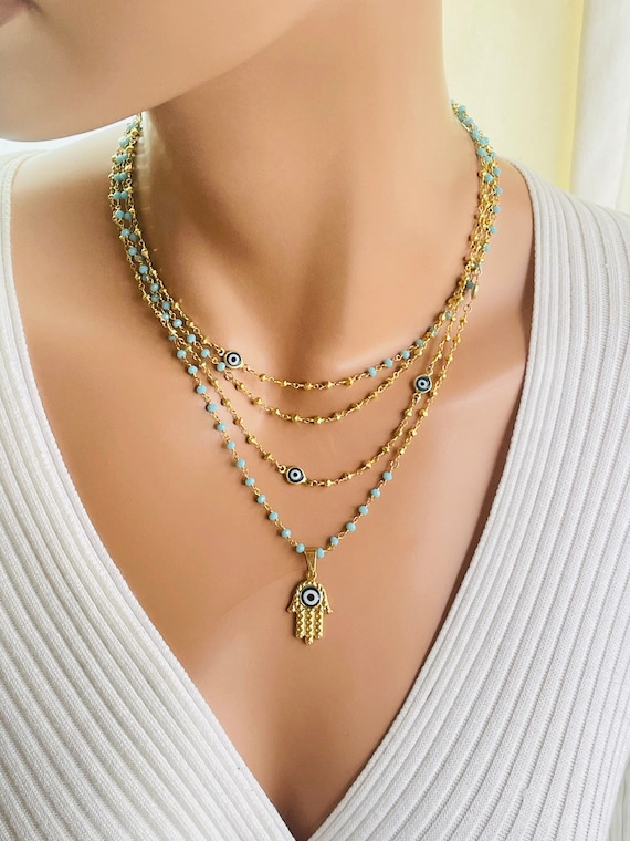 SALE Gold hamsa necklace multi strand necklace women gold filled Hamsa, pendant, necklace, evil eye, necklaces, women, jewelry, gift, pearls