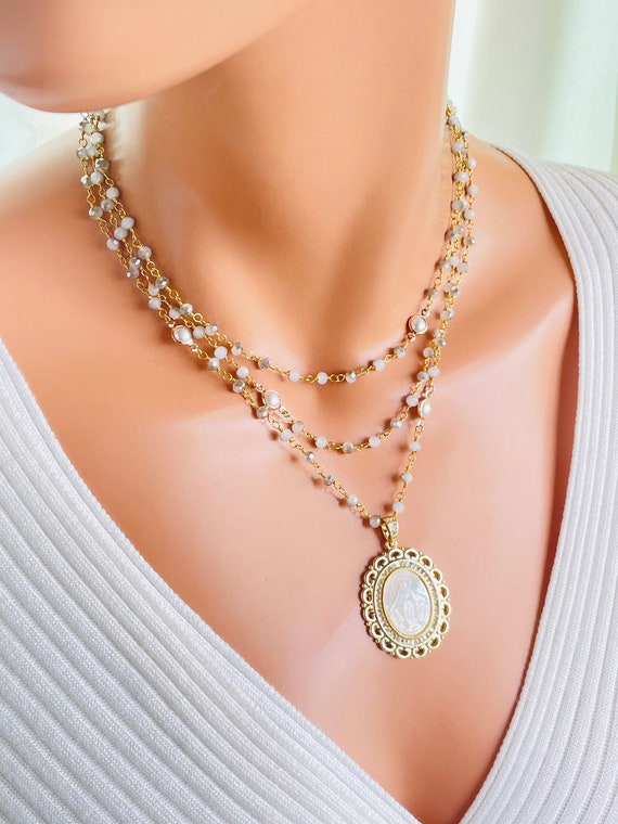 Gold Miraculous Mary Pendant and Necklace, multistrand Necklaces Rosary Necklace, mother of pearl, multi-layer necklaces, religious gift