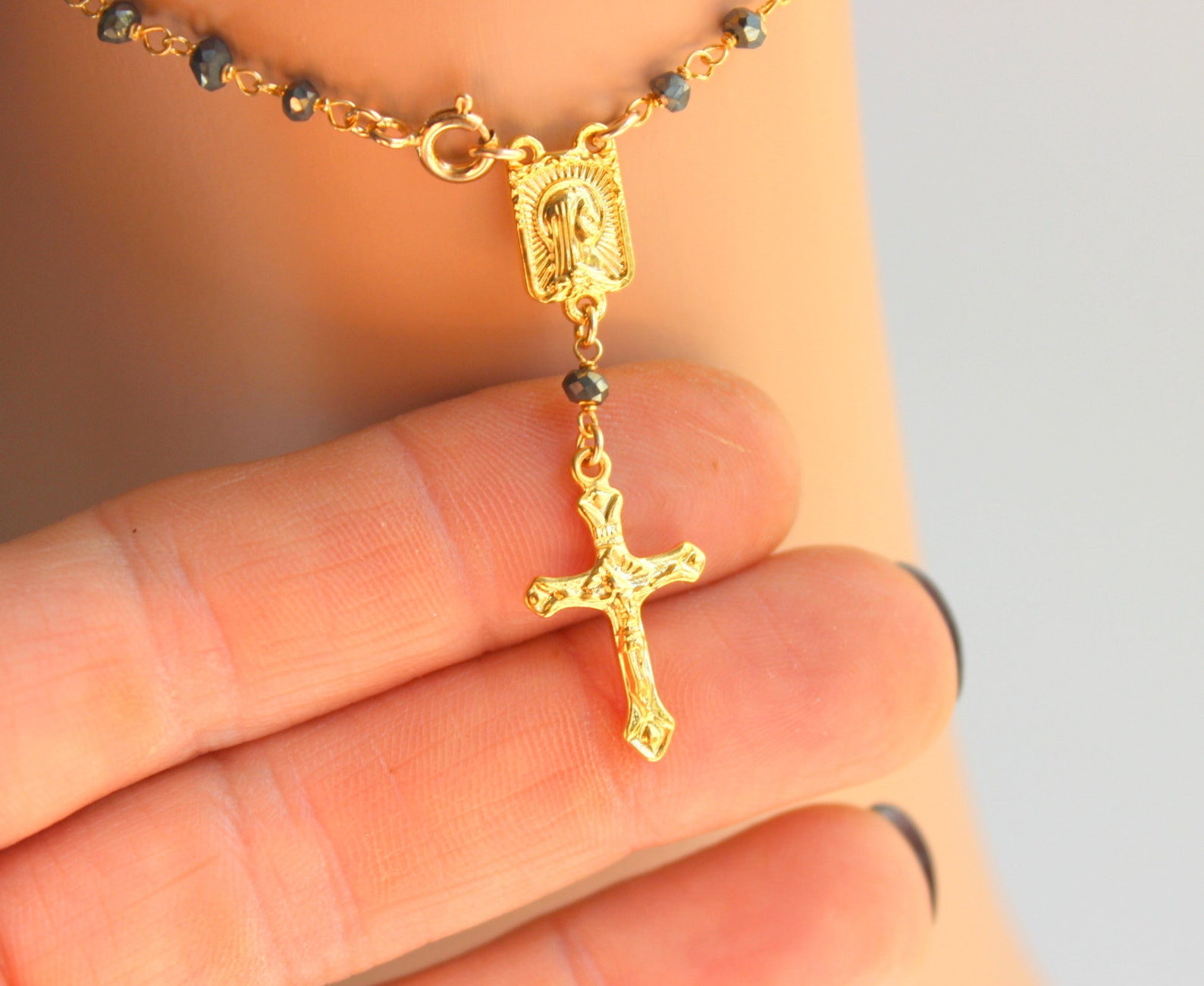 Rosary Ankle Bracelet Gold Filled Pyrite Anklet Crucifix Cross Etsy
