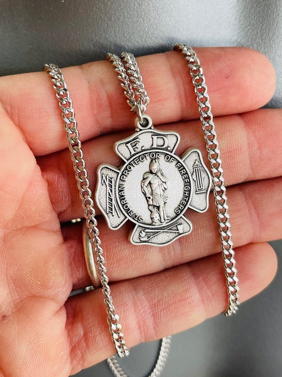 Sterling Silver Saint Florian Charm Necklace men large Saint Florian Necklaces Catholic Religious Patron Saint of Firefighters Protection