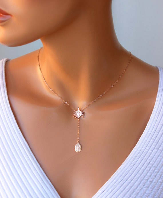 Rose Gold Sacred Heart Miraculous Charm Necklace, Seven Swords of Mary Gold Sterling Silver Seven Sorrows Catholic Religious Gift Mom Rosary