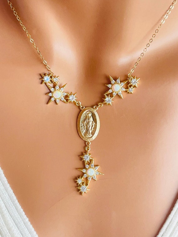 Gold miraculous medal necklace, women, 14k gold filled mother Mary pendant necklaces, white blue opal, Catholic jewelry, bridal, necklace
