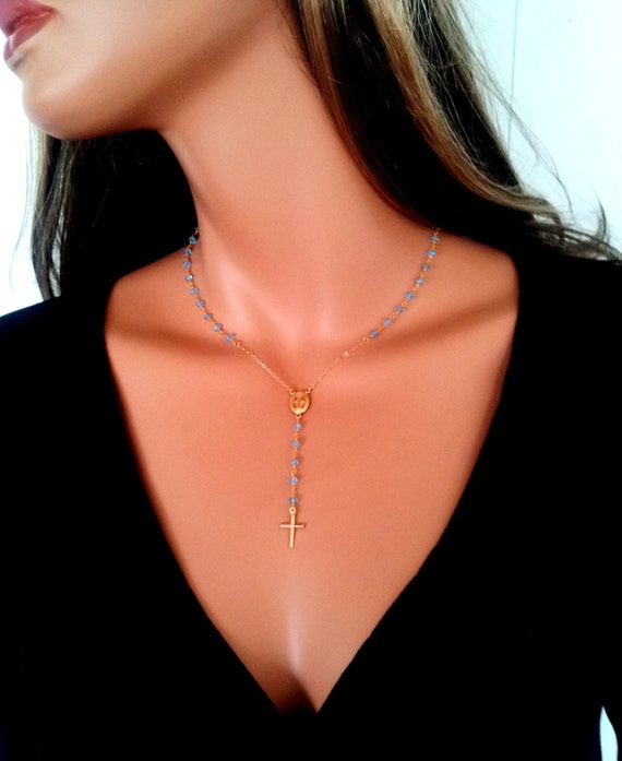 Gold Rosary Necklace Blue Topaz Sterling Silve Miraculous Medal  High Quality Necklaces Gift Confirmationa Gift