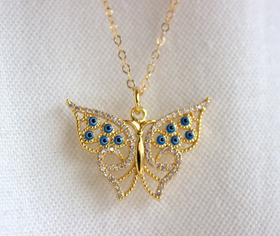 BEST SELLER Evil Eye Necklace Butterfly Tiny Evil Eyes Butterfly Kisses Evil Eye Necklace Gold Filled