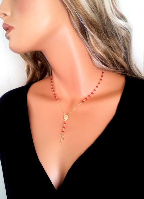 BEST SELLER Gold Rosary Necklace Ruby Catholic Cross Miraculous Custom Y Necklaces Religious Catholic Spiritual Jewelry Gift for her.