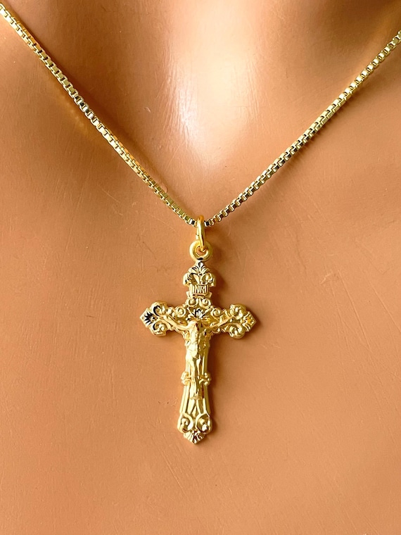 Gold crucifix cross necklace women Box chain Jesus 925 silver cross charm necklaces Silver crucifix Catholic jewelry confirmation gift Mom