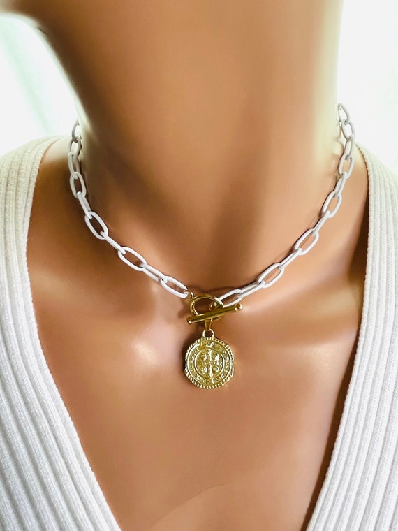 Gold Coin Necklace, Saint Benedict Cross Gold Chunky Choker, white chain choker Necklaces Thick Chain, Toggle Front, Coin Necklaces